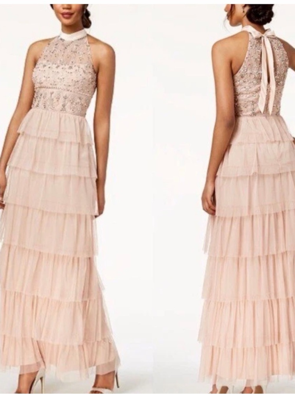 Adrianna Papell Blush Pink Tiered Tulle Skirt Beaded Bodice Ball Gown Dress Sz 6